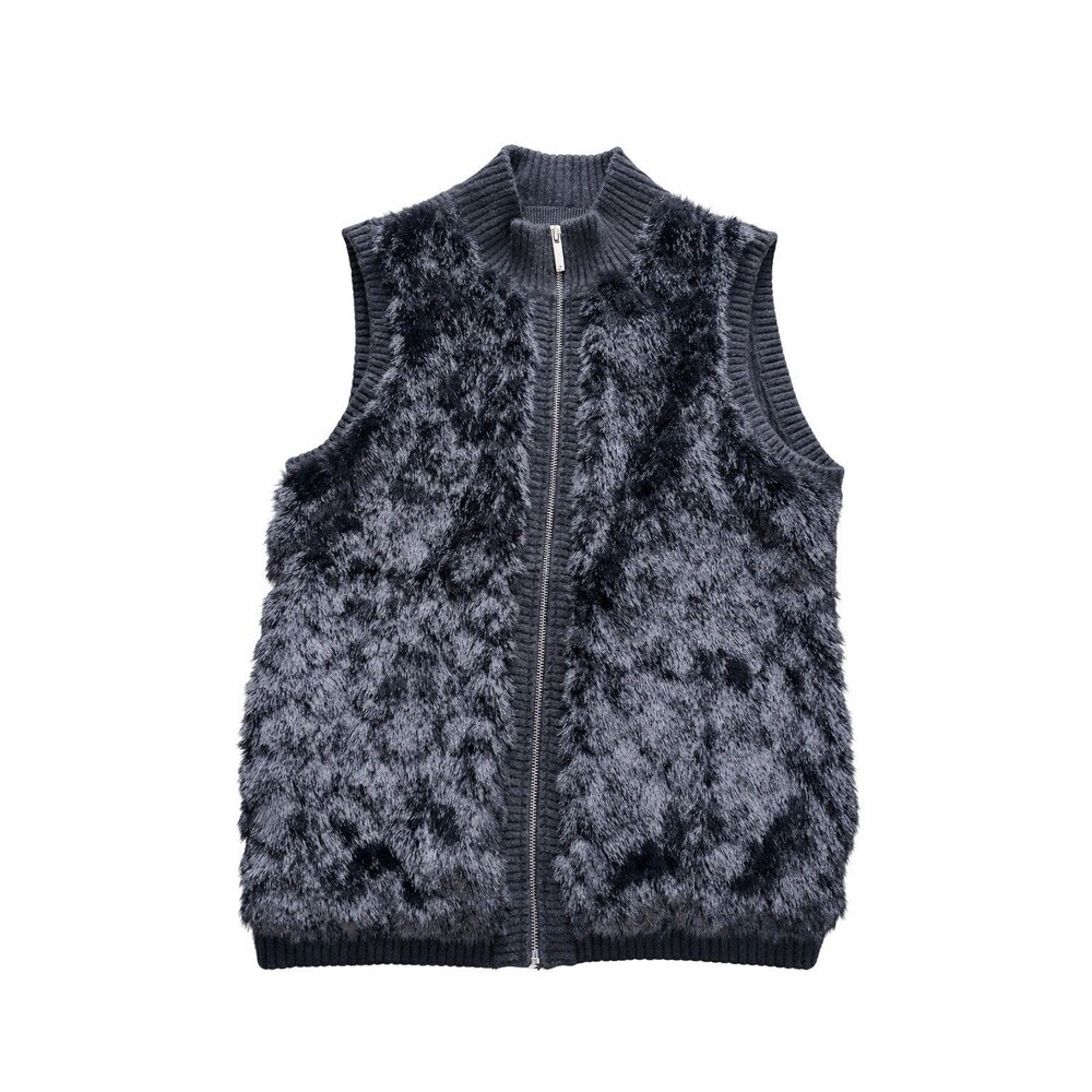 Chicos Vest Size 1 Black Faux Fur  Full Zip Jeweled